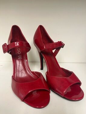 Aldo Red Patent Leather Mary Jane Peep-Toe Heels